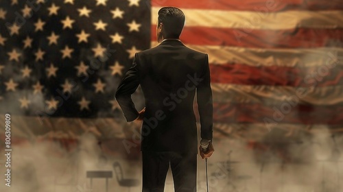 Depict a man with a microphone against the backdrop of the American flag, symbolizing political discourse and expression photo