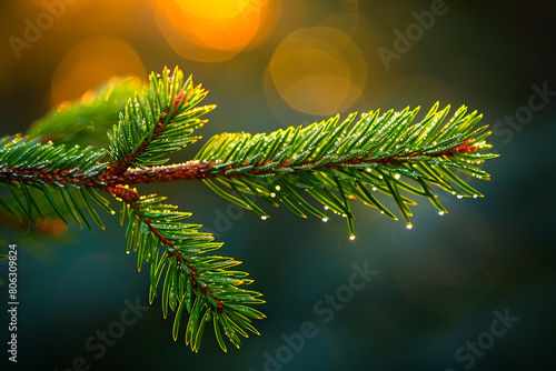 A pine branch with water droplets on it. photo