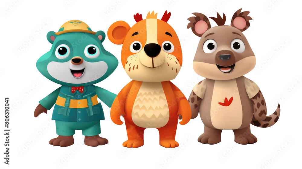 Naklejka premium set of 3 cartoon animal toys characters isolated on a transparent background