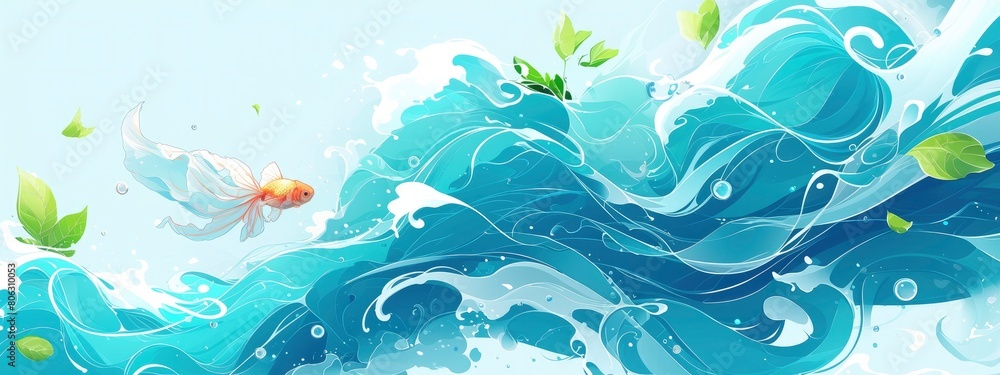 A background of light blue and white swirls with green leaves, goldfish swimming in the water, Japanese