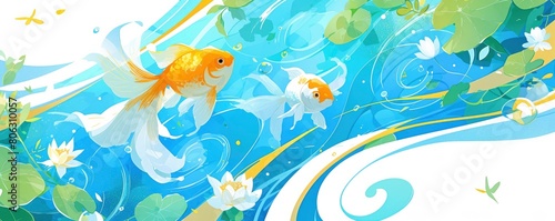 A background of light blue and white swirls with green leaves  goldfish swimming in the water  Japanese