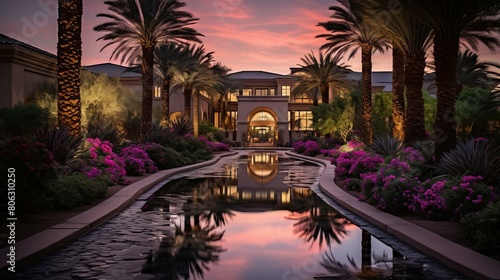 Palm trees line a path to a large house with a reflecting pool in front of it photo