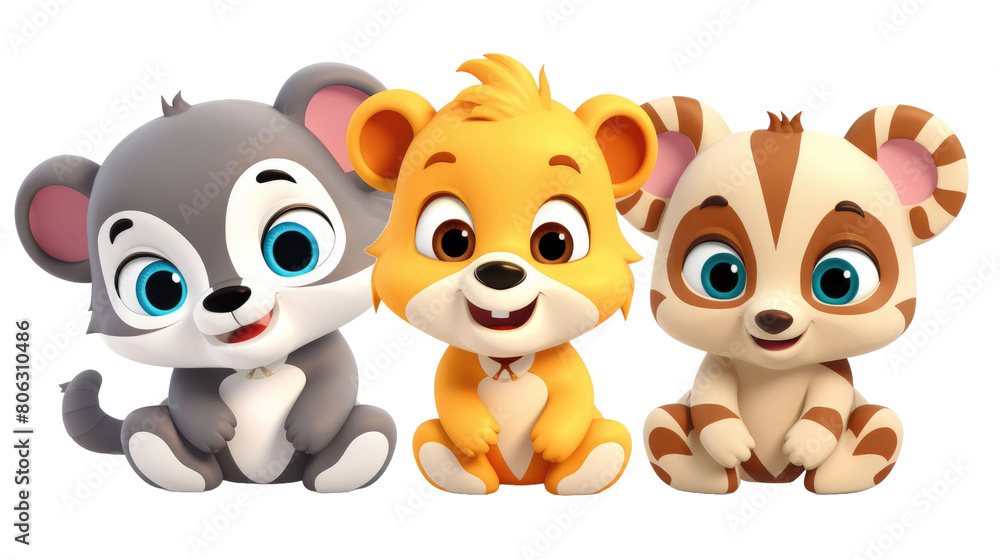 Naklejka premium set of 3 cartoon animal toys characters isolated on a transparent background