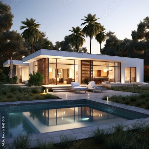 Modern House Exterior Design With Pool And Trees © Adobe Contributor