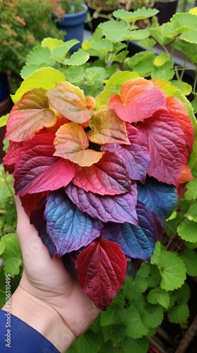 A hand holding a heart-shaped arrangement of rainbow leaves