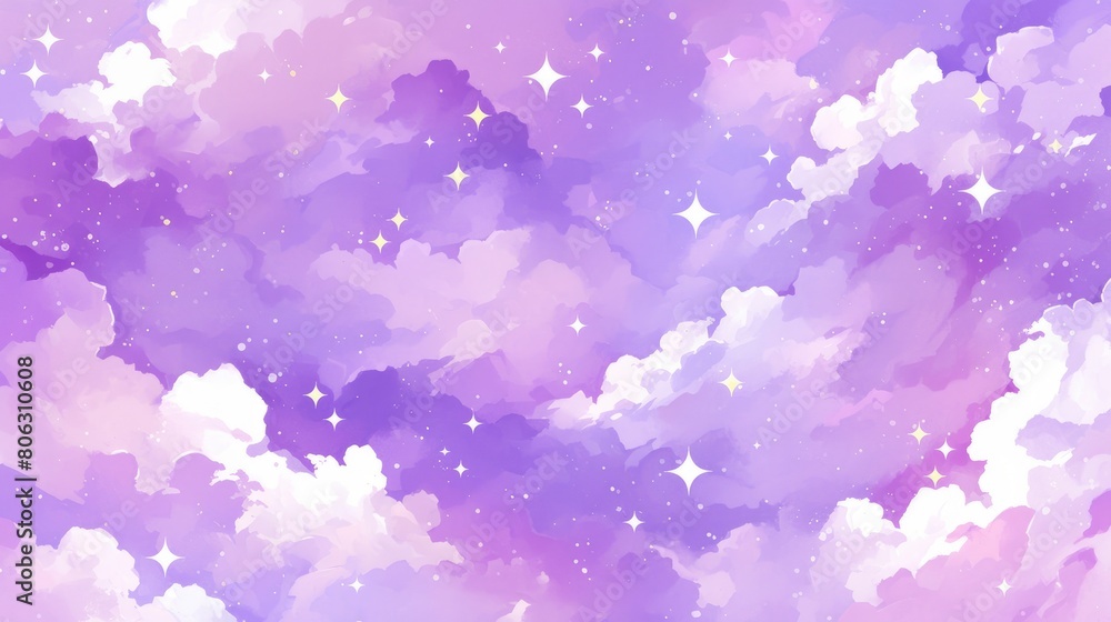 A pattern of white clouds in the sky, purple background, Japanese watercolor, cute, simple. A pattern of white clouds in the sky, purple background, Japanese watercolor, cute, simple.