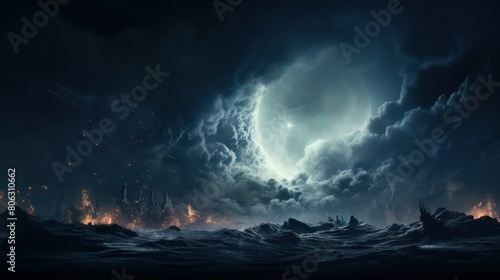 Fantasy landscape with lightning and planet.