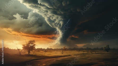 Fantasy landscape with storm and lightning.