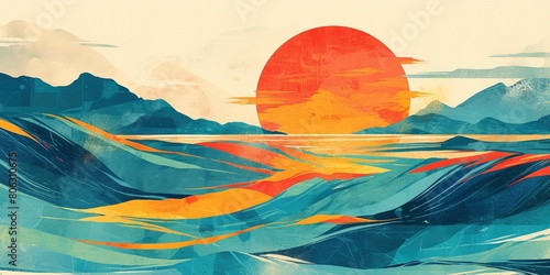 A retrostyle drawing of the setting sun over an ocean, with waves and mountains in shades of blue and green. The sky is painted with warm hues of orange and yellow, serene atmosphere. photo