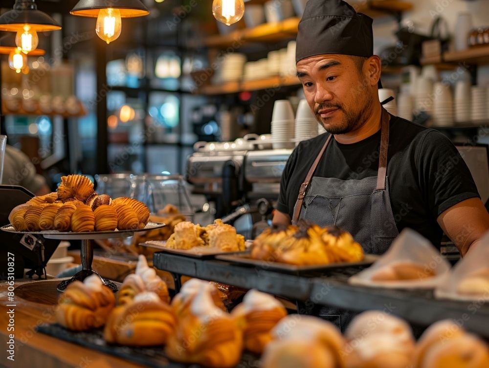 Asian male baker carefully inspecting a tray of pastries