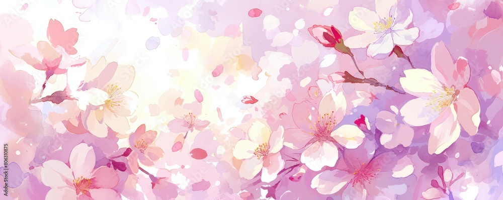 A watercolor background with cherry blossoms and petals in shades of pink, purple, red, yellow, and white.