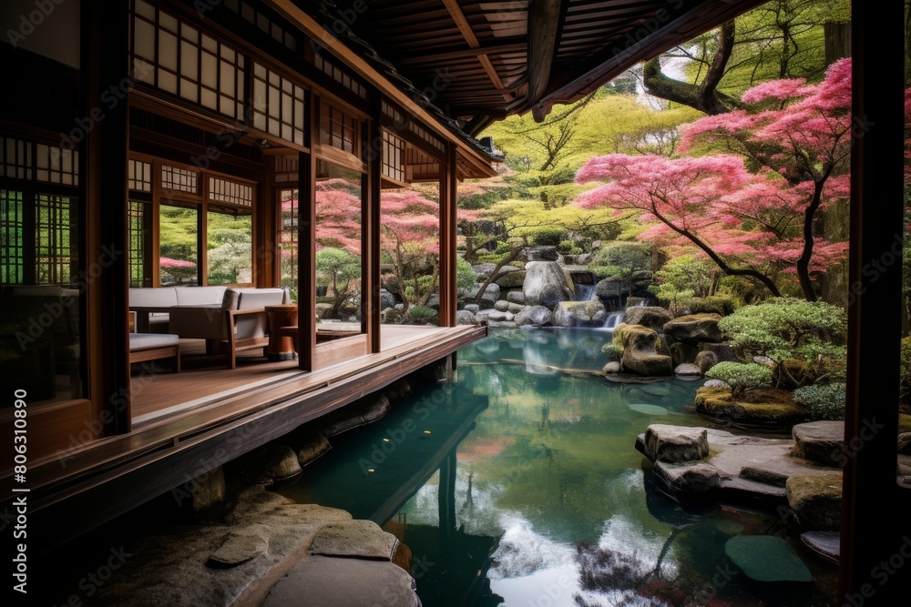 A Serene Moment at a Kyoto Teahouse with Cherry Blossoms and Koi Fish Swimming in the Pond