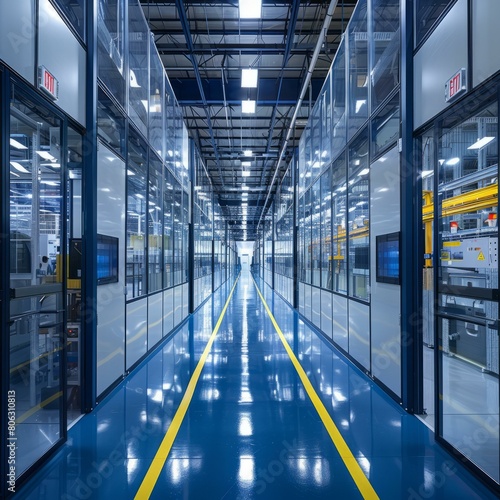 Modern factory interior with blue epoxy resin floor and glass walls
