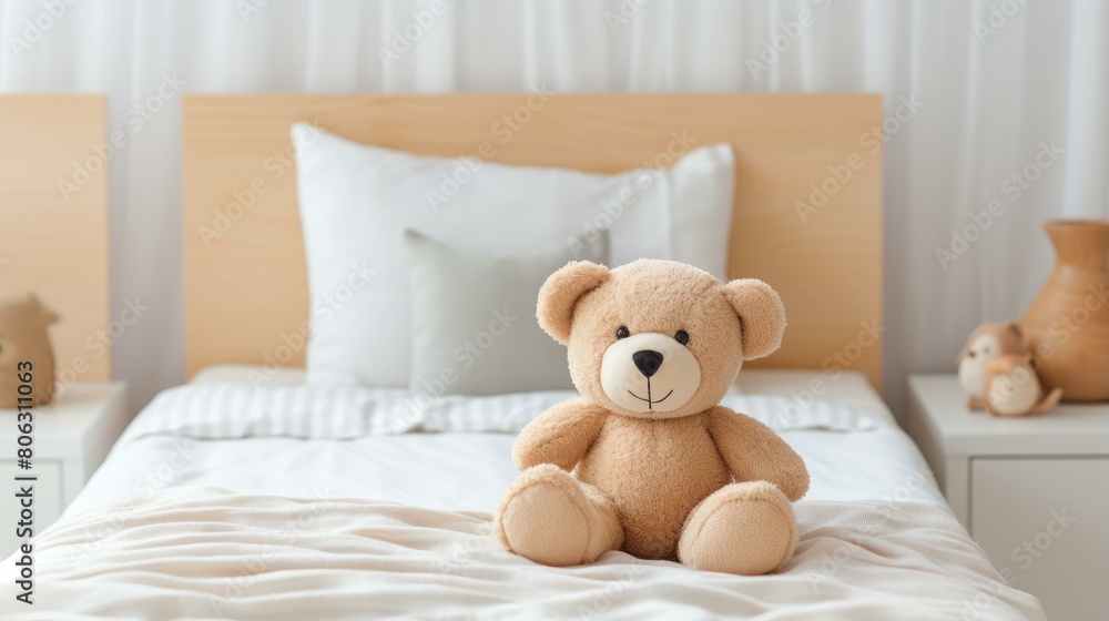 A cute teddy bear sitting on a bed A cute teddy bear sitting on a bed