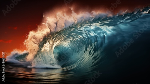 Surfing ocean wave at sunset. © Ali