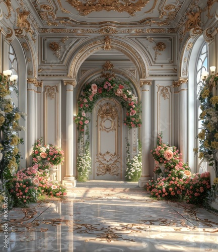 Luxury mansion with marble floors and flower arch