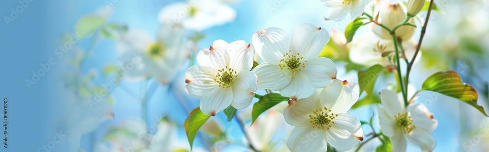Fototapeta premium Beautiful white rosehip flowers on blue spring background.