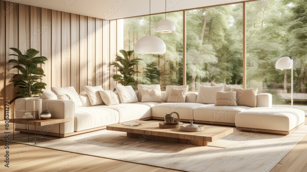Fototapeta premium Bright and Airy Living Room Design With Sectional Sofa and Large Windows