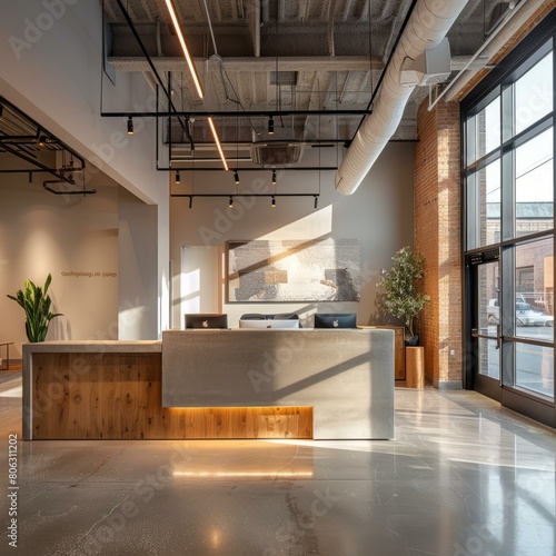 Modern office lobby interior with wood and brick accents