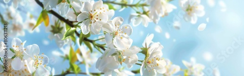 Beautiful white rosehip flowers on blue spring background.