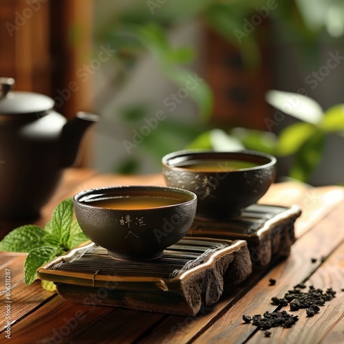 Two cups of tea on a wooden table photo