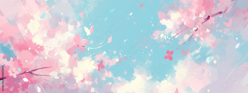 Cute pastel background with cherry blossom petals, blurcolor, pastel colors, lots of pink and yellow and blue and green and white.