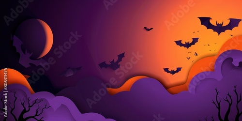 Paper cut dark minimal purple and orange background with bats flying in the sky.