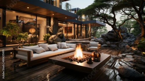 Modern Asian house exterior with garden and fire pit
