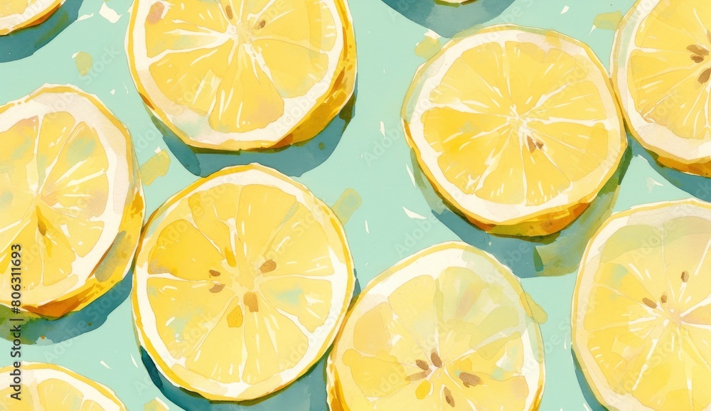 lemon slices, watercolor, pastel colors, yellow and turquoise background