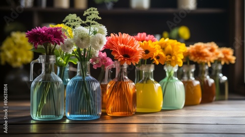 An arrangement of colorful flowers in glass vases on a wooden table. photo