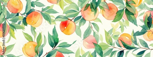 peaches and leaves pattern, white background, watercolor.