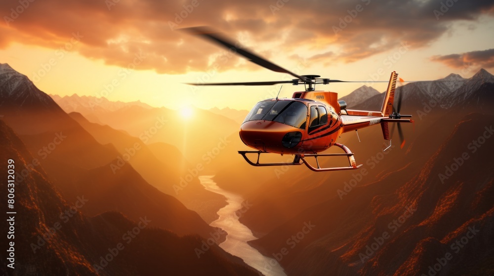 Red Color Helicopter flying over Mountains during a sunny sunrise. Epic Adventure Composite Red Color Helicopter flying over Mountains during a sunny sunrise. Epic Adventure Composite