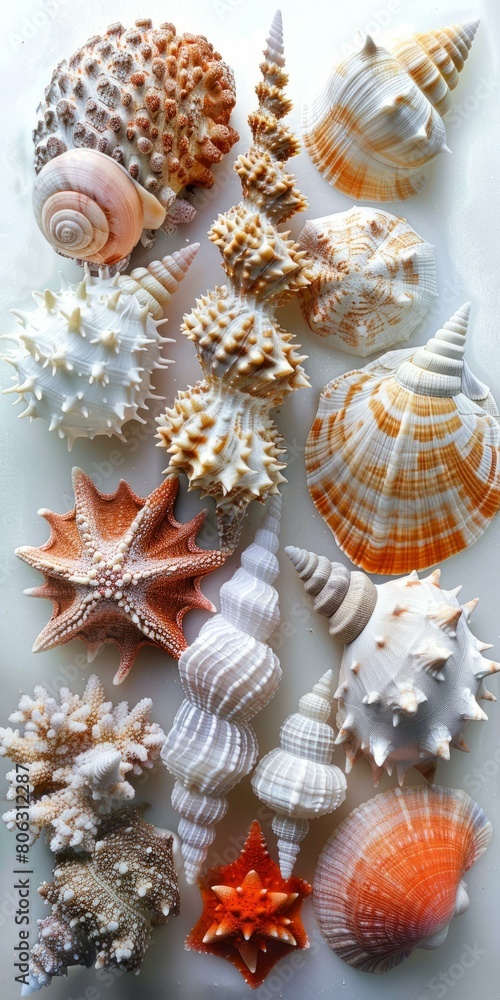 A variety of seashells and starfish are arranged on a white background