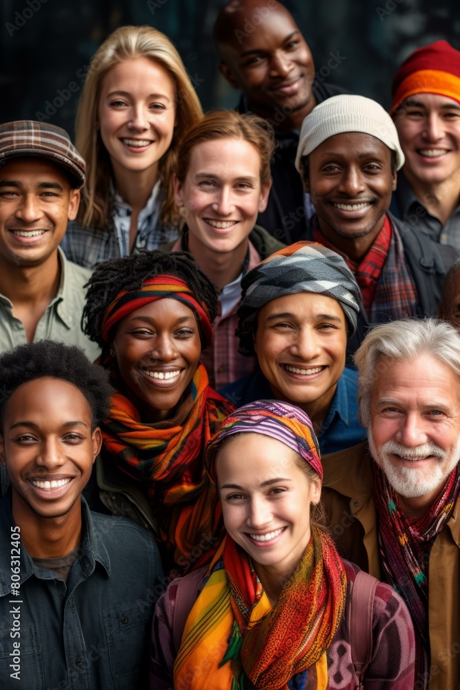 Group of diverse people smiling and wearing colorful scarves