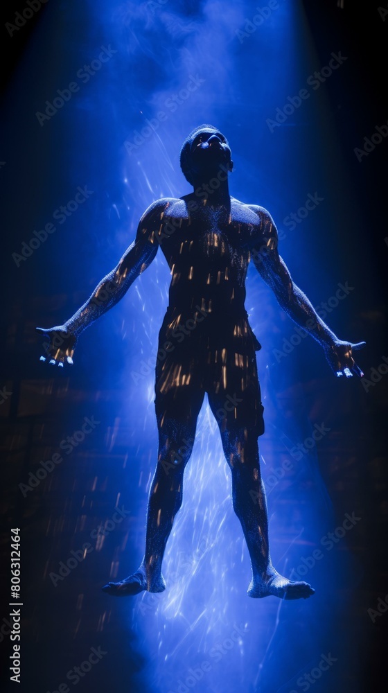 A dancer is covered in blue light