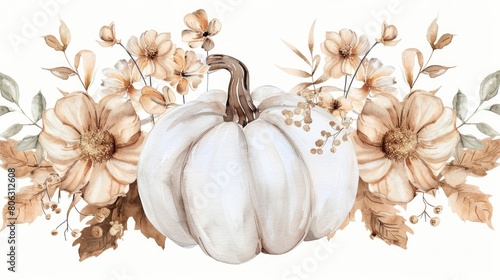 Watercolor beautiful white pumpkin on White background.