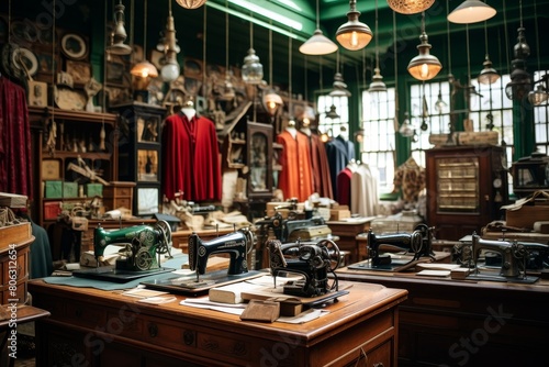 Step back in time with an intricately detailed image of a vintage haberdashery filled with antique sewing tools and vibrant threads