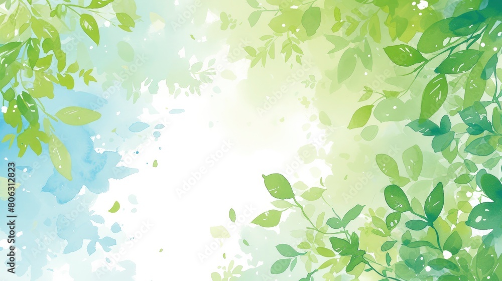 White background, light green and blue color theme, light white space with blurred leaves, simple background, light gradient background, watercolor painting effect, digital art, brushstrokes