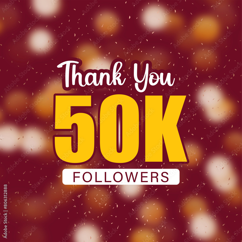 Thank You 50K Followers celebration happy post design with golden colors bokeh and dark red background