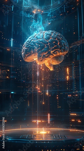 Conceptual image of a brain emitting light and digital data streams, floating above a high-tech device, illustrating AIs role in augmenting human intelligence photo