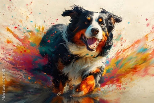 A bernese mountain dog in full roar, charging forward with a fierce expression. Captured in a dynamic colours. Splashes and splatters around the dog suggest its swift movement and wild energy photo