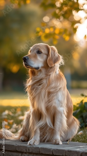 A golden retriever is sitting on a brick bench