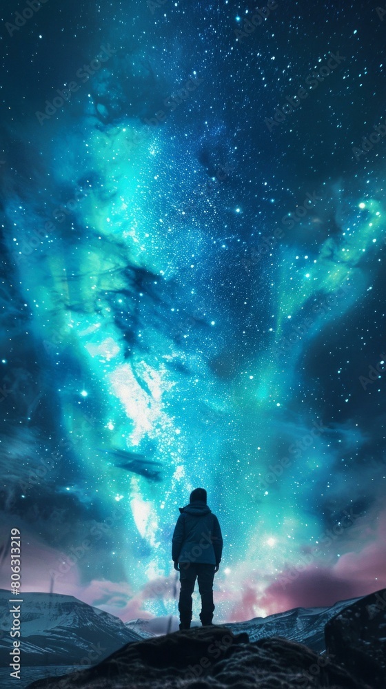 Fototapeta premium Man looking up at the beautiful starry night sky