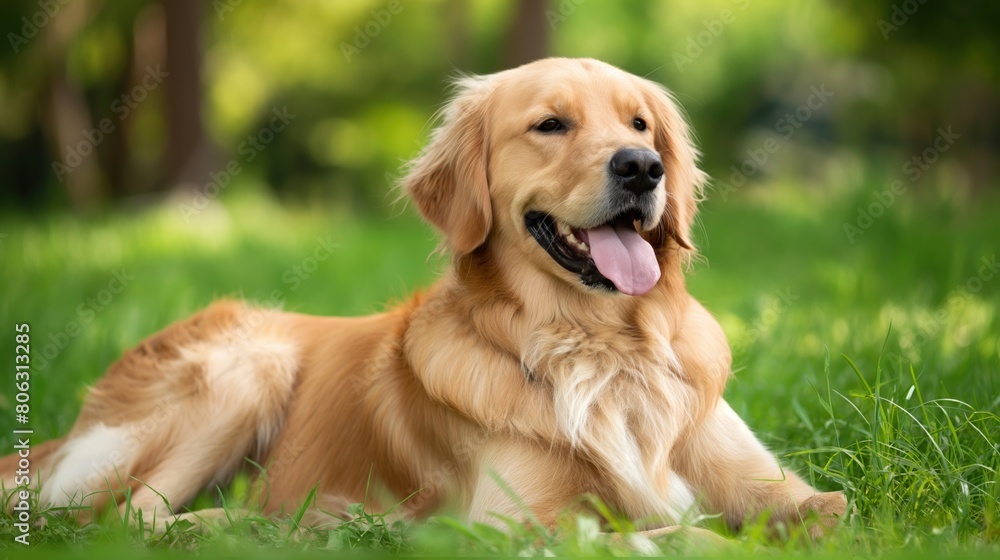 A golden retriever with tongue out laying in the grass on National Dog Day