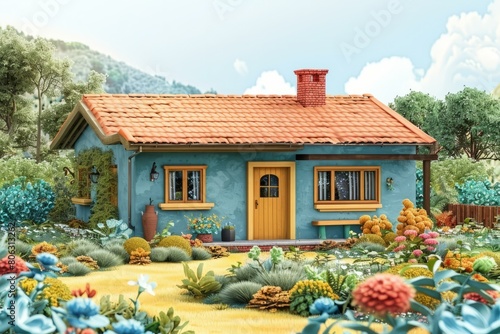 Small blue house in a lush green field