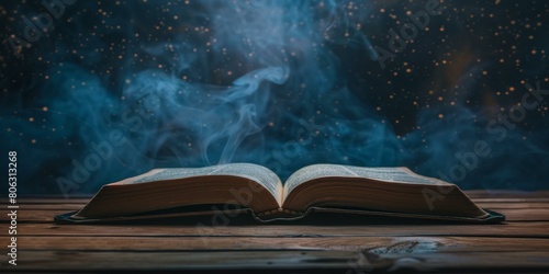 Open book with smoke and stars in the background photo