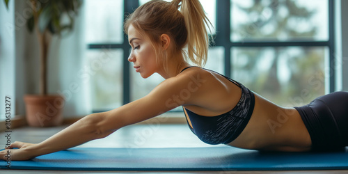 Hübsche junge sportliche Frau macht Liegestützen auf der Sportmatte mit schönen Hintergrund am Fenster Querformat für Banner photo