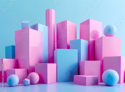 3D rendering of pink and blue geometric shapes