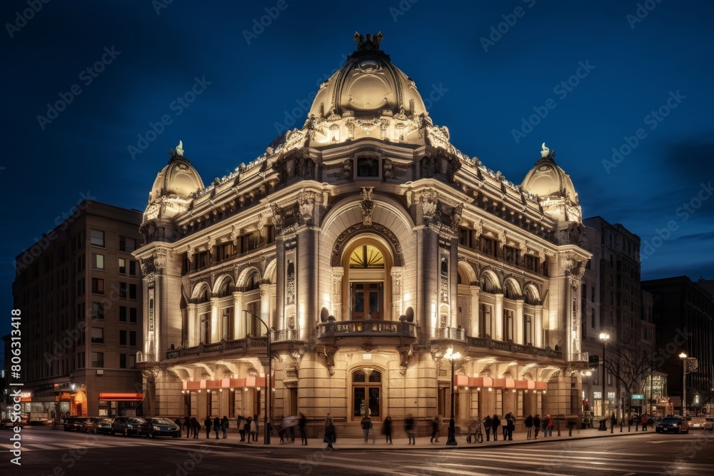 Naklejka premium Under the Bright Lights of the City Theater: An Artistic Depiction of a Nighttime Urban Scene