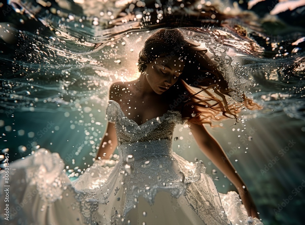 An underwater photo of a woman in a wedding dress